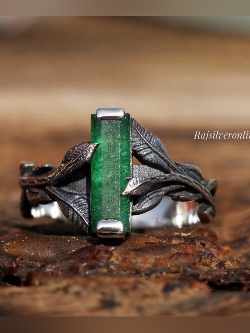 Aventurine Gemstone Ring, Sterling Silver Leaves Band,